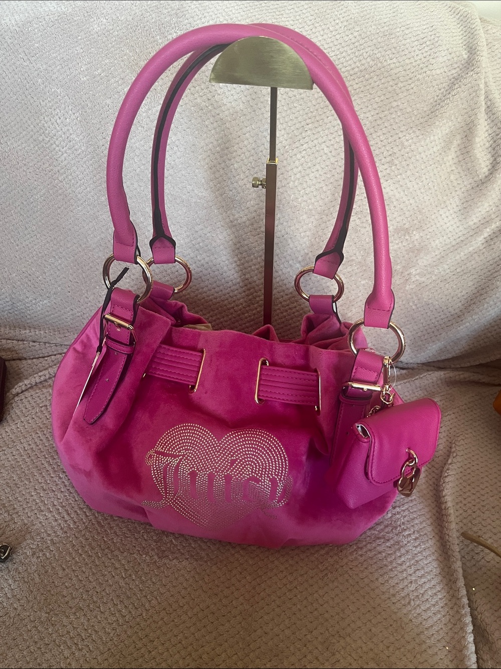 Juicy Couture Bright Pink Shoulder Bag with Rhinestone Heart Logo and Mini Pouch